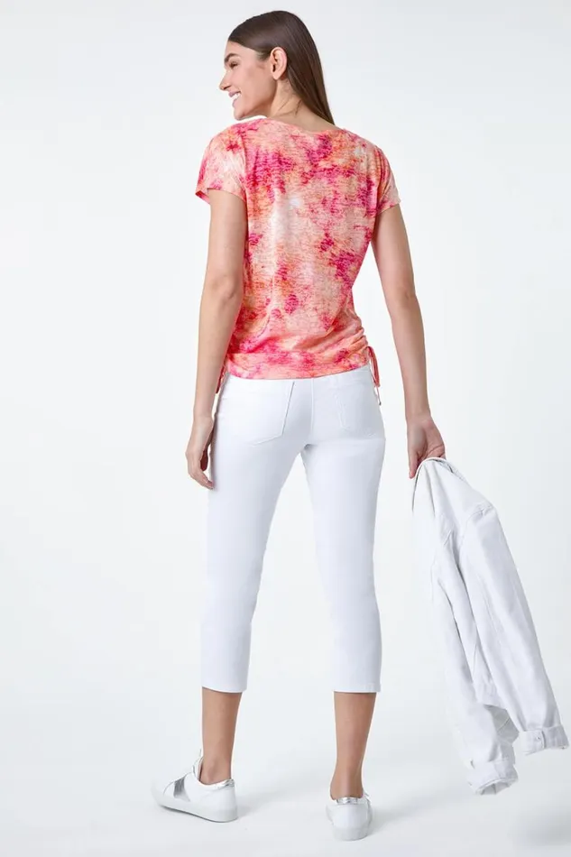 Peach Abstract Burnout Ruched Tie Stretch Top Women Roman Tops