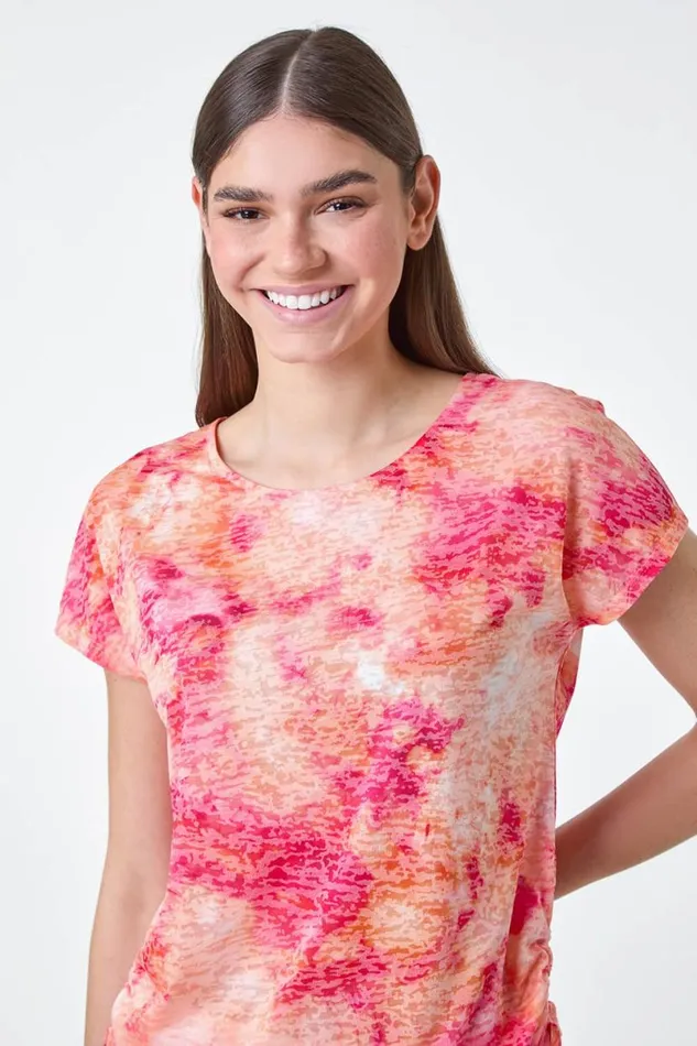 Peach Abstract Burnout Ruched Tie Stretch Top Women Roman Tops
