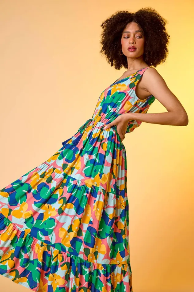 Peach Abstract Gathered Midi Dress Women Roman Dresses