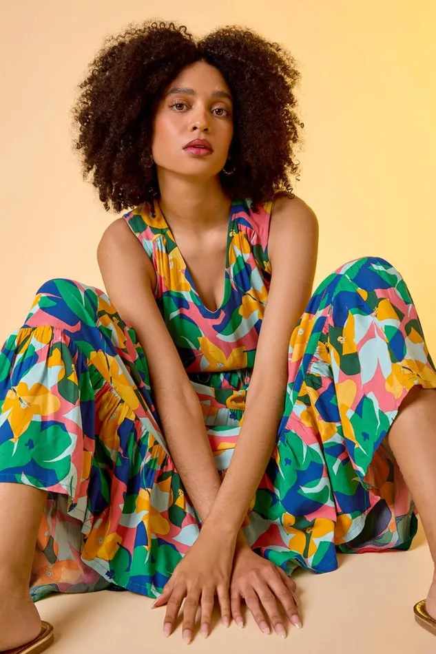 Peach Abstract Gathered Midi Dress Women Roman Dresses