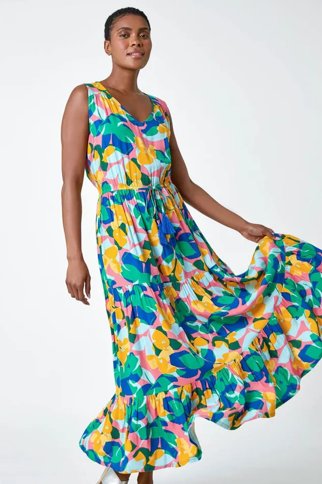 Peach Abstract Gathered Midi Dress Women Roman Dresses