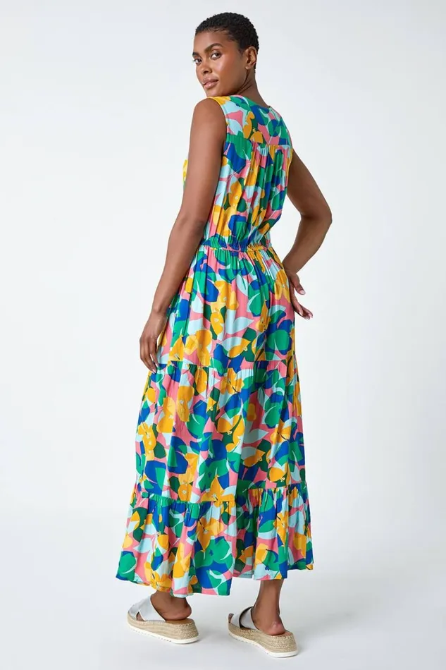 Peach Abstract Gathered Midi Dress Women Roman Dresses