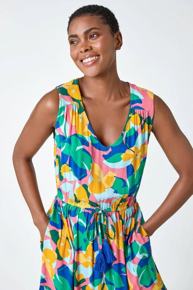 Peach Abstract Gathered Midi Dress Women Roman Dresses