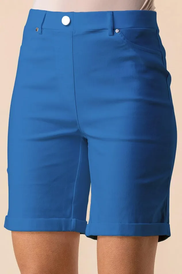 Petrol Blue Elastic Waist Turn Up Stretch Shorts Women Roman Trousers