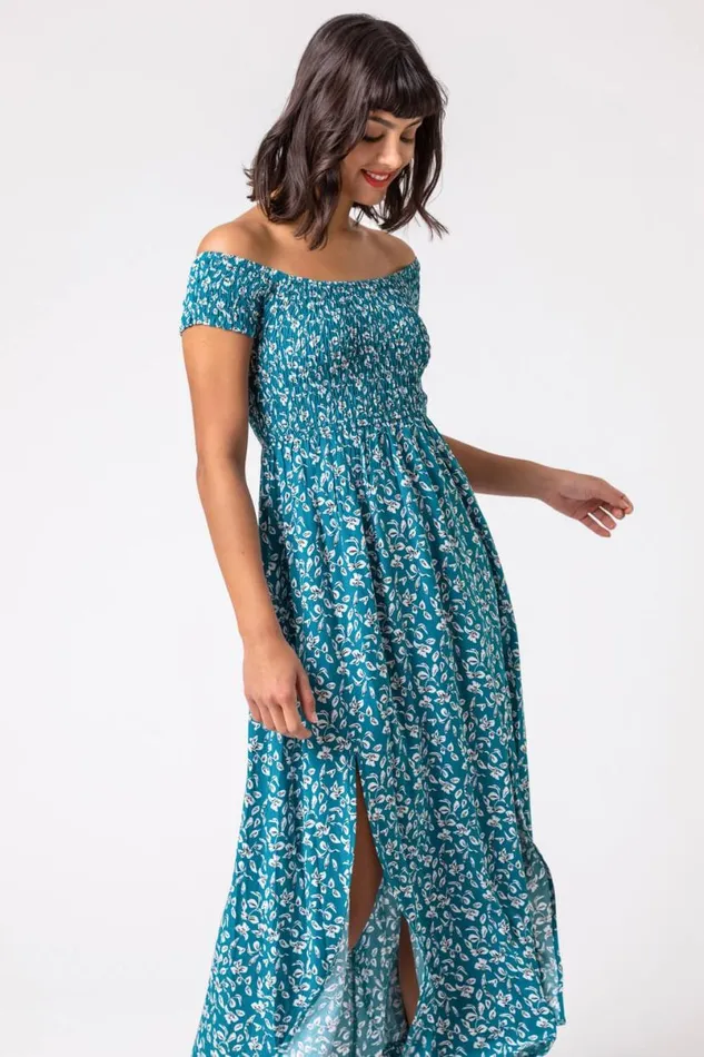 Petrol Blue Shirred Ditsy Leaf Print Bardot Dress Women Roman Dresses