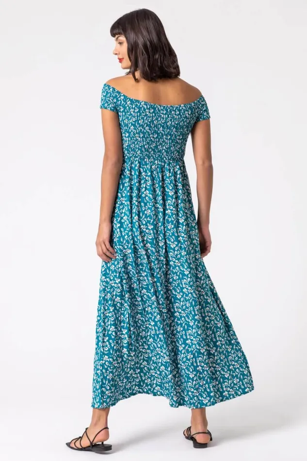 Petrol Blue Shirred Ditsy Leaf Print Bardot Dress Women Roman Dresses