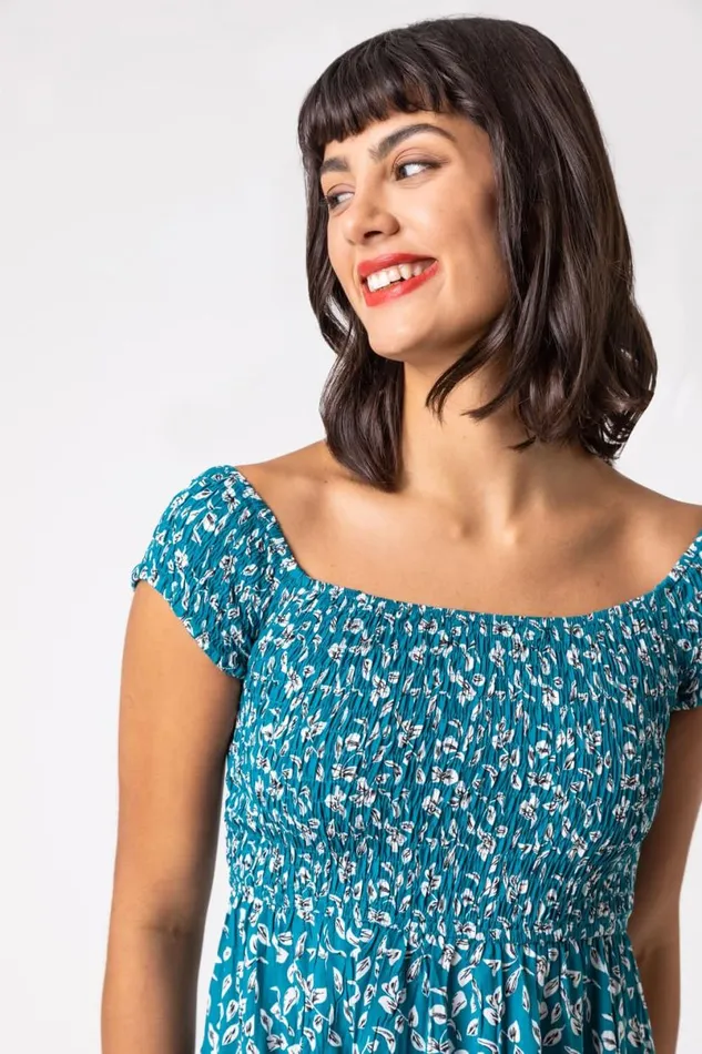 Petrol Blue Shirred Ditsy Leaf Print Bardot Dress Women Roman Dresses