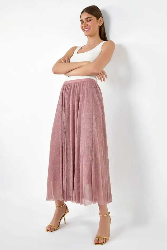 Pink ALine Shimmer Stretch Midi Skirt Women Roman Occasionwear