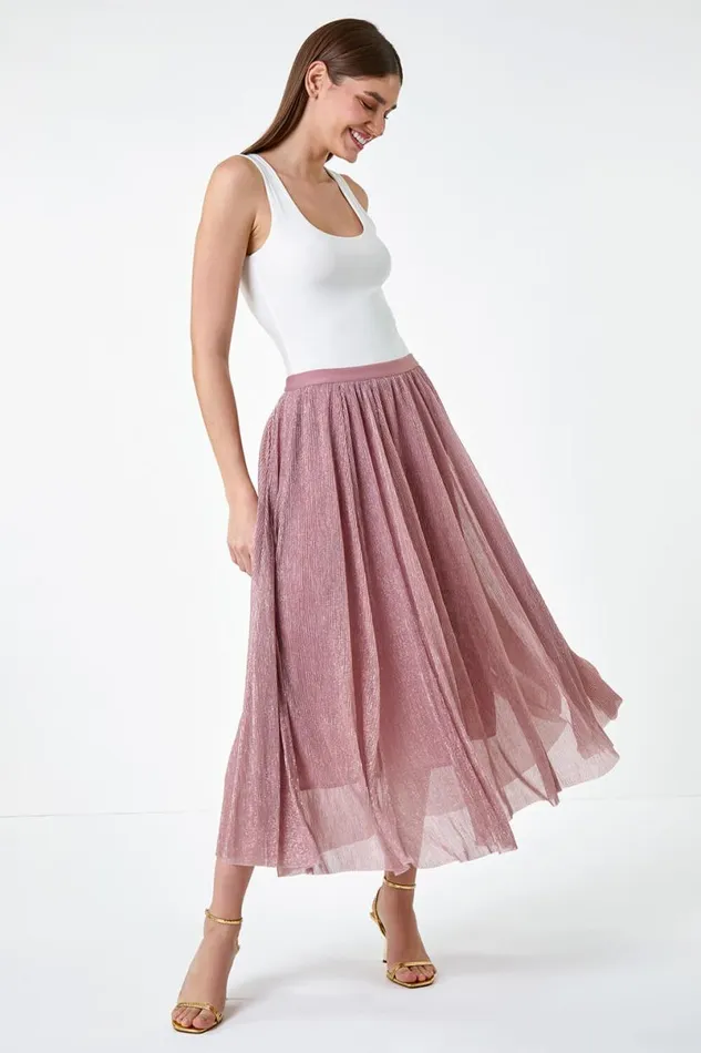 Pink ALine Shimmer Stretch Midi Skirt Women Roman Occasionwear