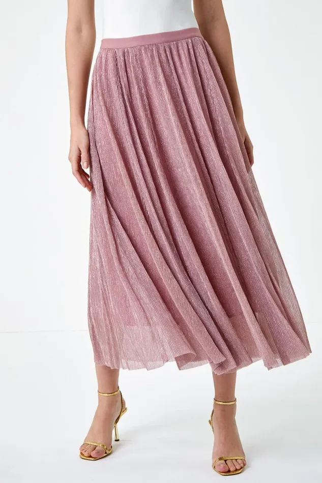Pink ALine Shimmer Stretch Midi Skirt Women Roman Occasionwear