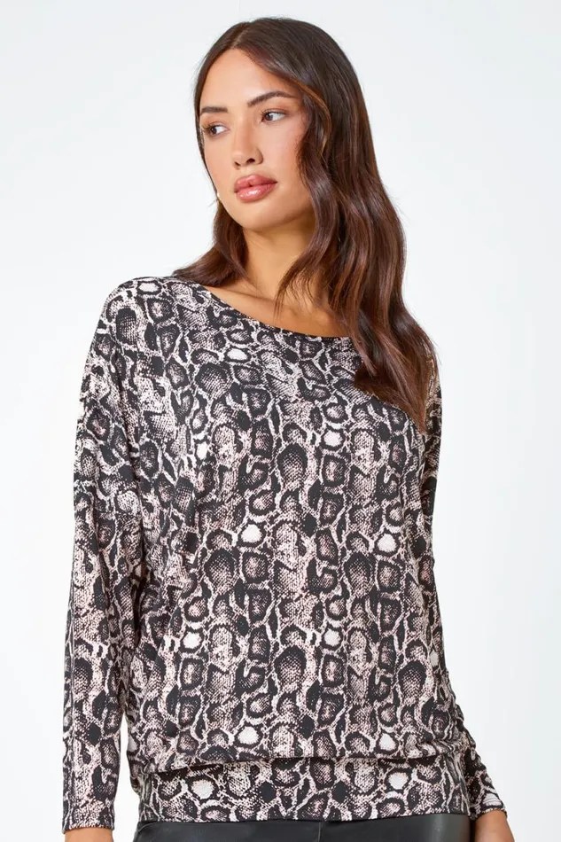 Pink Animal Print Stretch Jersey Top Women Roman Tops