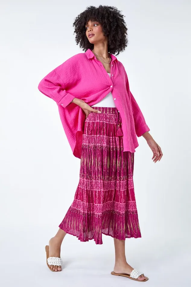 Pink Crinkle Cotton Metallic Foil Midi Skirt Women Roman Skirts