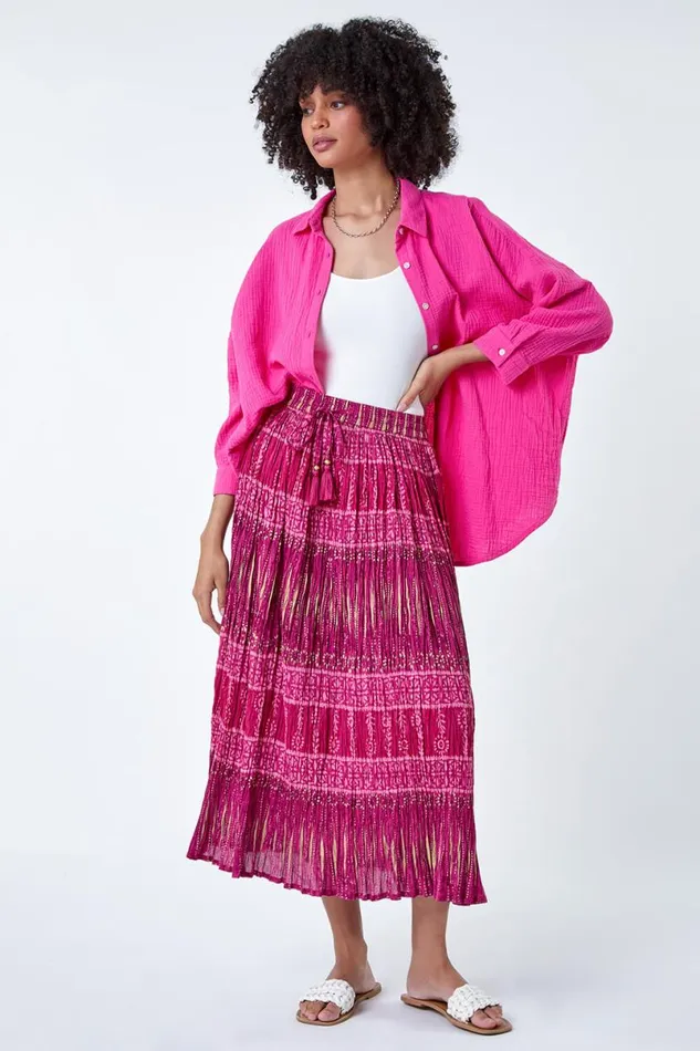 Pink Crinkle Cotton Metallic Foil Midi Skirt Women Roman Skirts