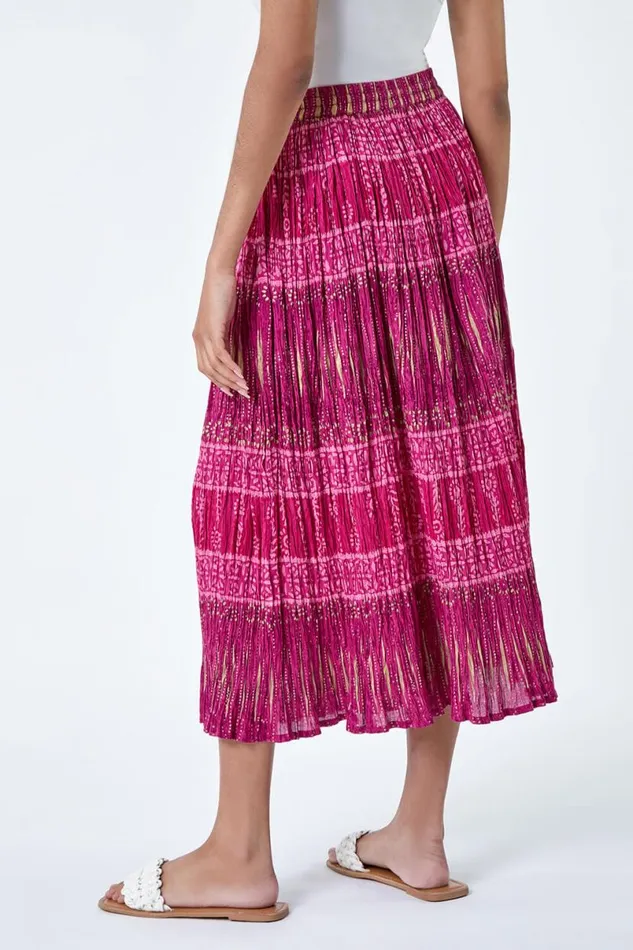 Pink Crinkle Cotton Metallic Foil Midi Skirt Women Roman Skirts