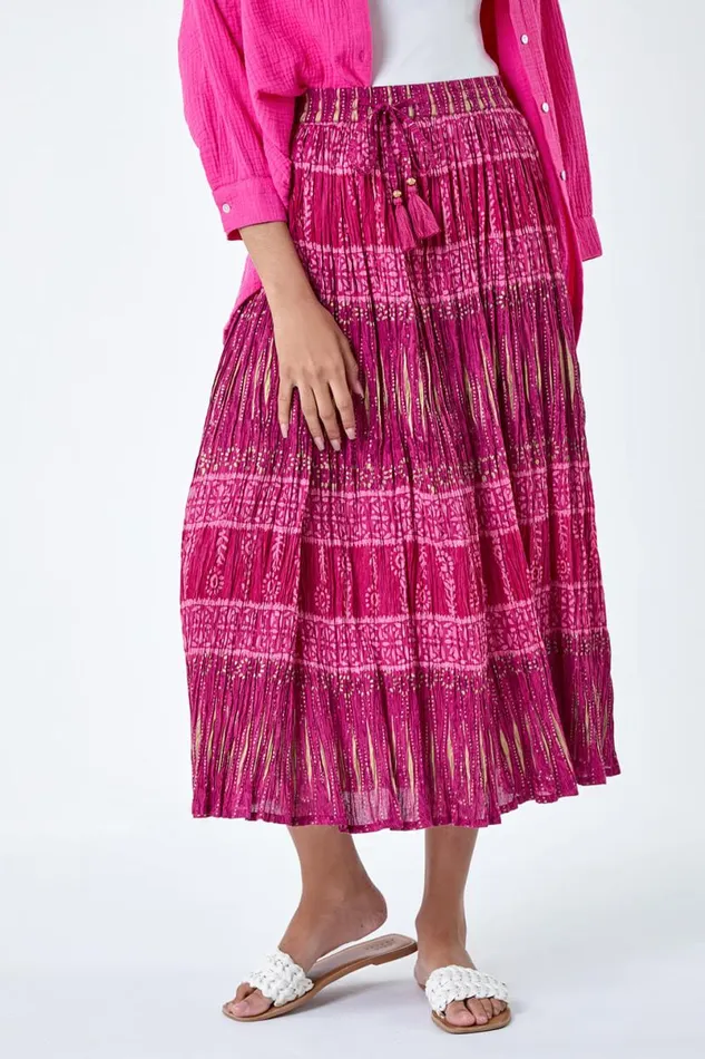 Pink Crinkle Cotton Metallic Foil Midi Skirt Women Roman Skirts