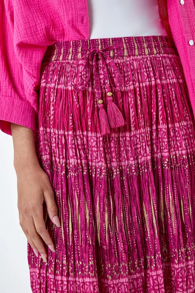 Pink Crinkle Cotton Metallic Foil Midi Skirt Women Roman Skirts