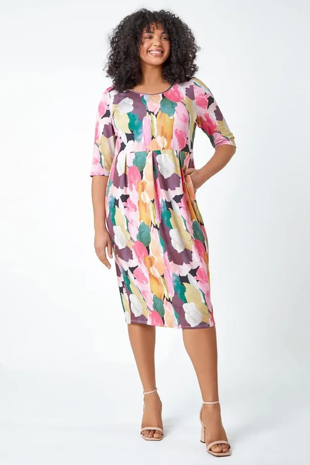 Pink Curve Abstract Relaxed Pocket Dress Women Roman Dresses