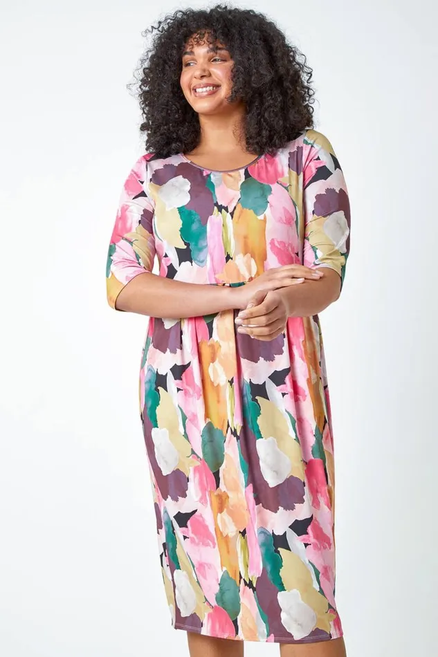 Pink Curve Abstract Relaxed Pocket Dress Women Roman Dresses