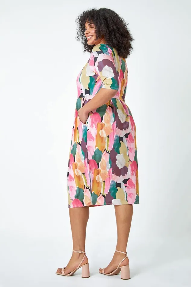 Pink Curve Abstract Relaxed Pocket Dress Women Roman Dresses
