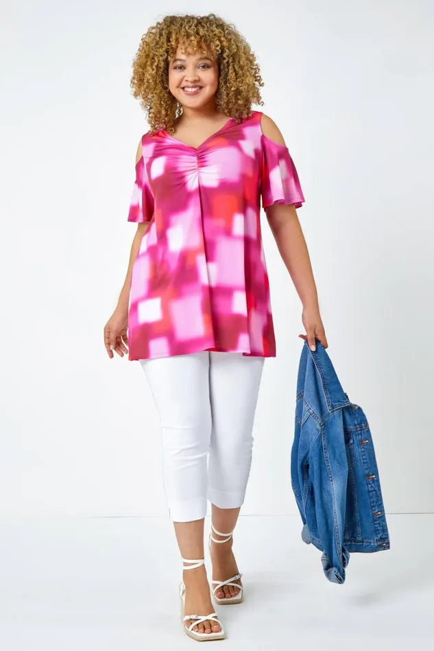 Pink Curve Abstract VNeck Cold Shoulder Top Women Roman Tops