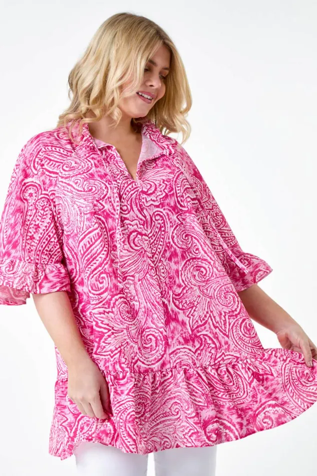Pink Curve Paisley Frill Tie Detail Top Women Roman Tops