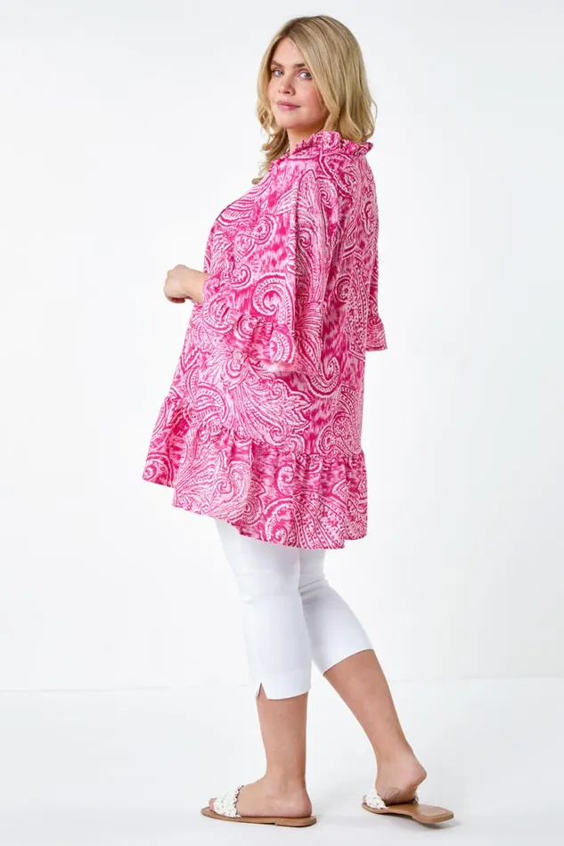 Pink Curve Paisley Frill Tie Detail Top Women Roman Tops