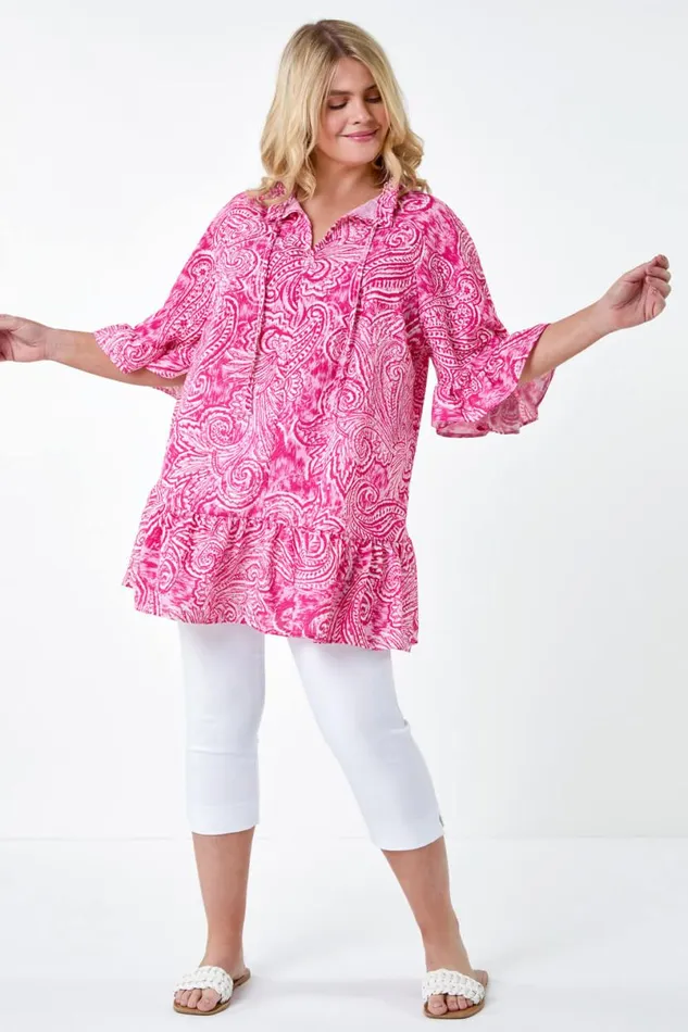 Pink Curve Paisley Frill Tie Detail Top Women Roman Tops
