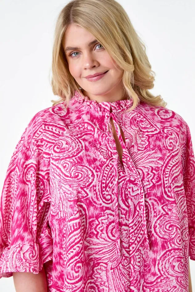 Pink Curve Paisley Frill Tie Detail Top Women Roman Tops