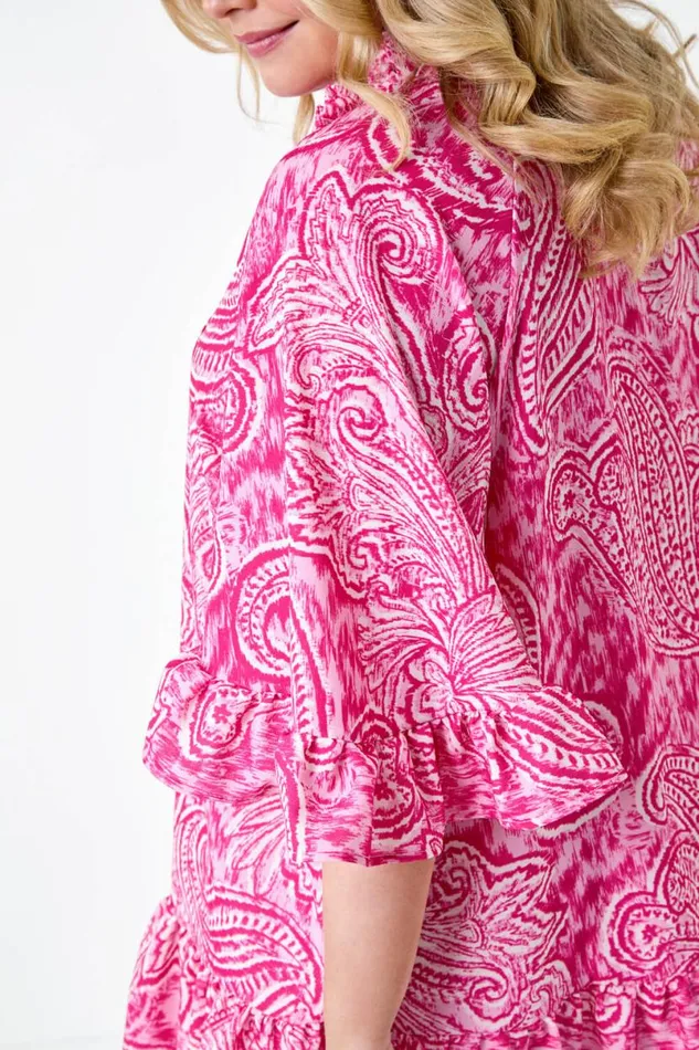 Pink Curve Paisley Frill Tie Detail Top Women Roman Tops