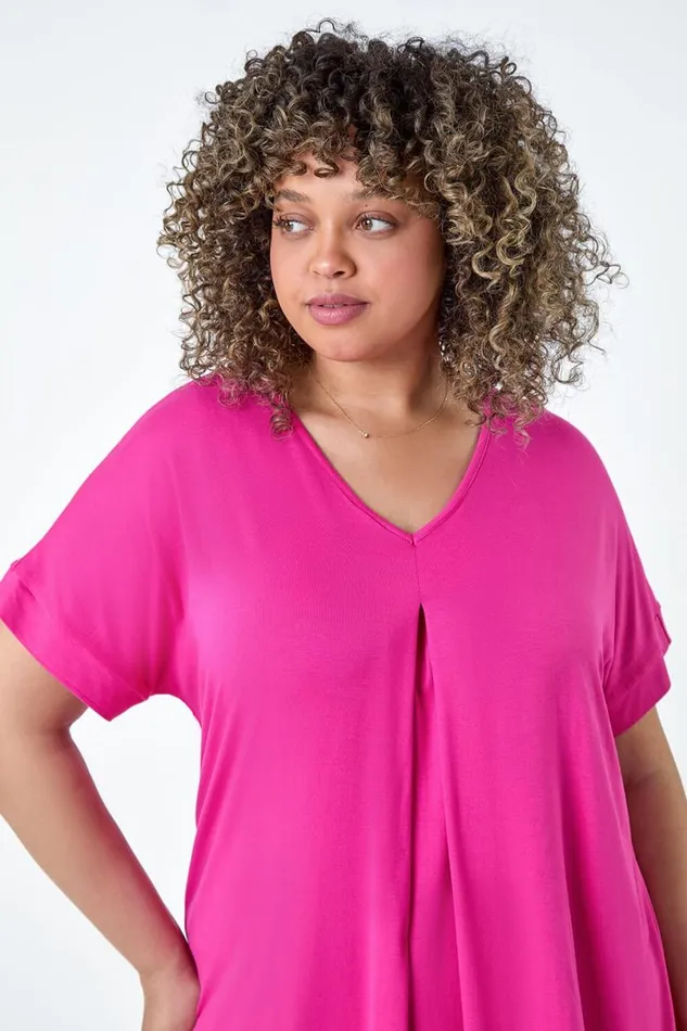 Pink Curve Plain Pleat Front VNeck Stretch Top Women Roman Tops