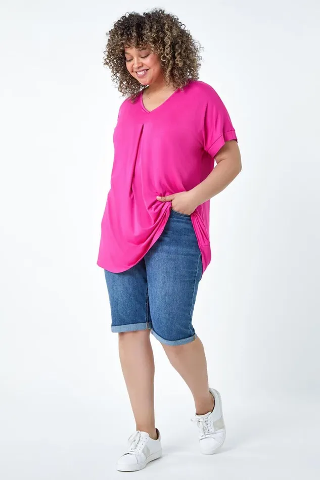 Pink Curve Plain Pleat Front VNeck Stretch Top Women Roman Tops