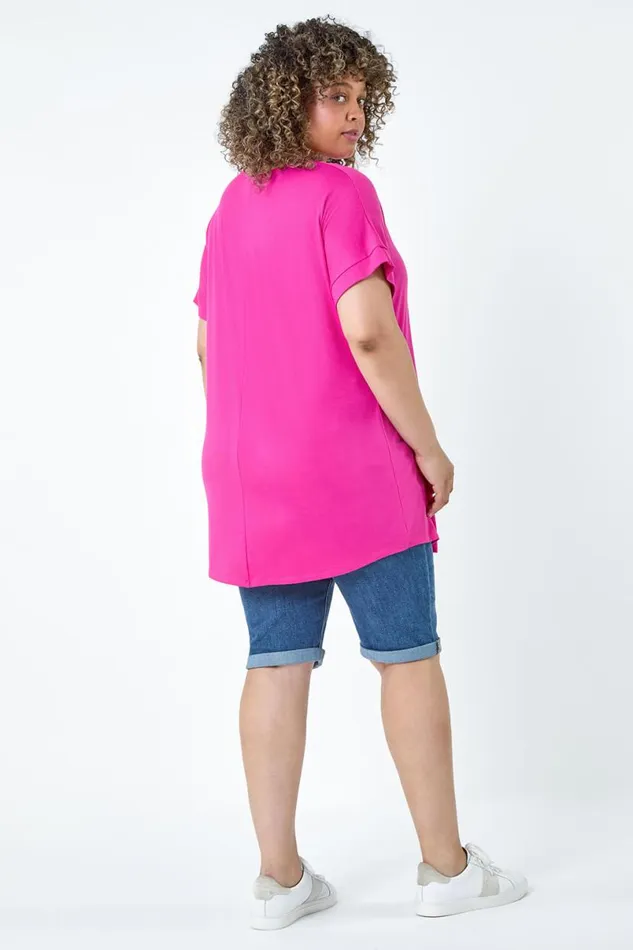 Pink Curve Plain Pleat Front VNeck Stretch Top Women Roman Tops