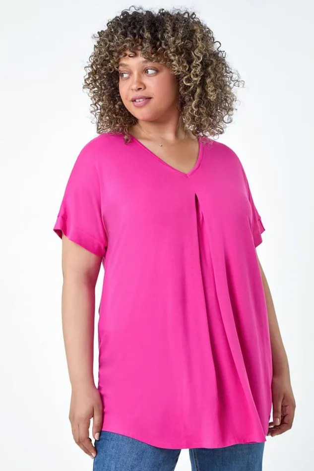 Pink Curve Plain Pleat Front VNeck Stretch Top Women Roman Tops