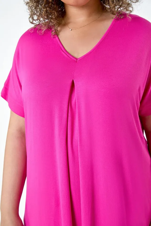 Pink Curve Plain Pleat Front VNeck Stretch Top Women Roman Tops