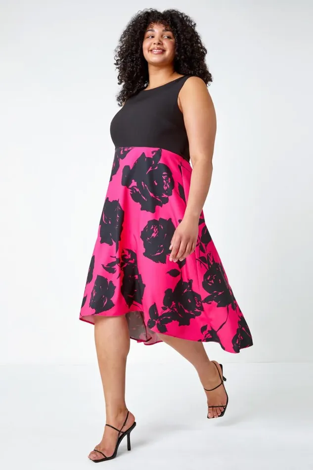 Pink Curve Premium Stretch Floral Midi Dress Women Roman Dresses