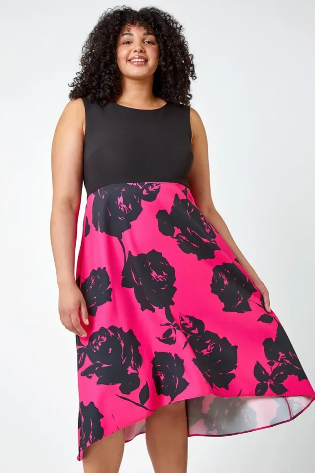 Pink Curve Premium Stretch Floral Midi Dress Women Roman Dresses