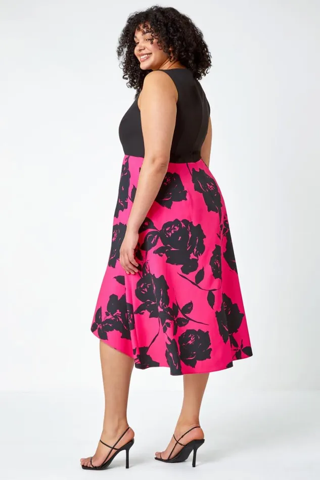 Pink Curve Premium Stretch Floral Midi Dress Women Roman Dresses