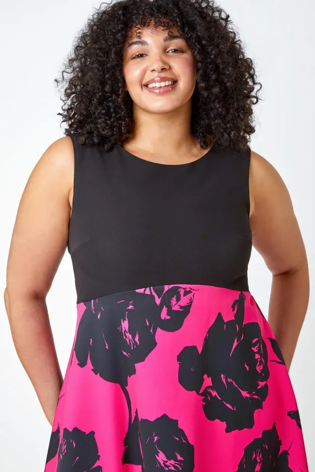 Pink Curve Premium Stretch Floral Midi Dress Women Roman Dresses