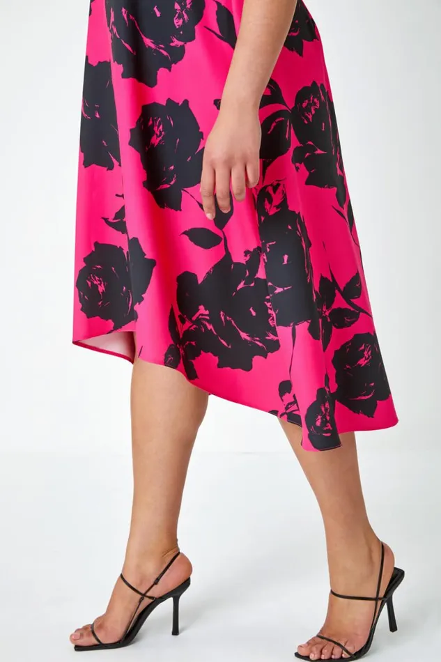 Pink Curve Premium Stretch Floral Midi Dress Women Roman Dresses