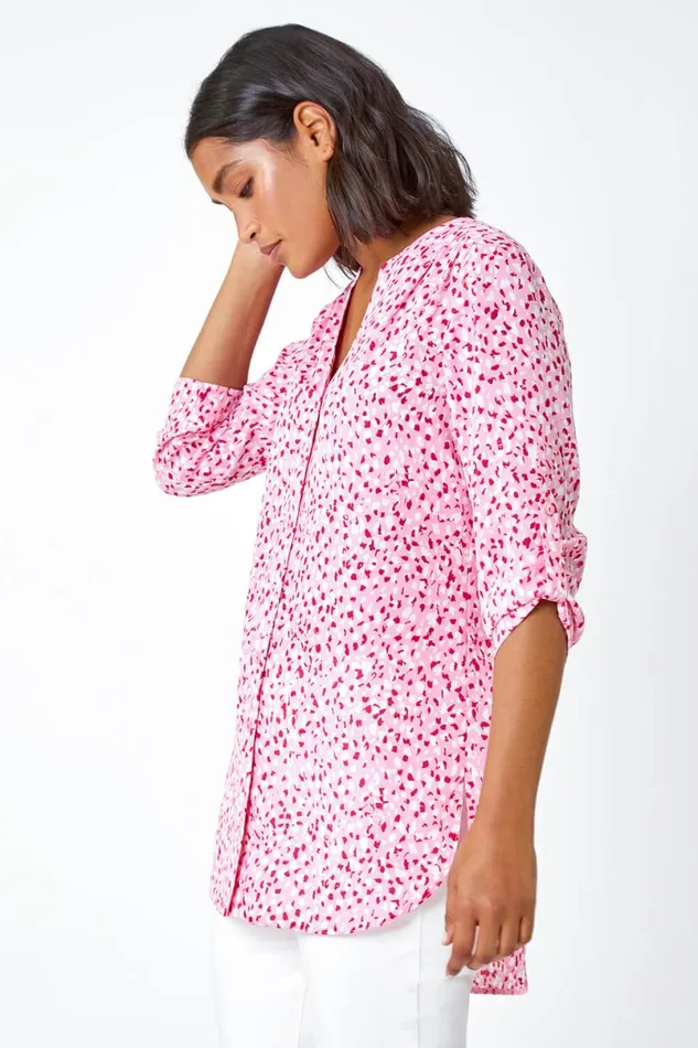 Pink Ditsy Print Button Up Blouse Women Roman Tops