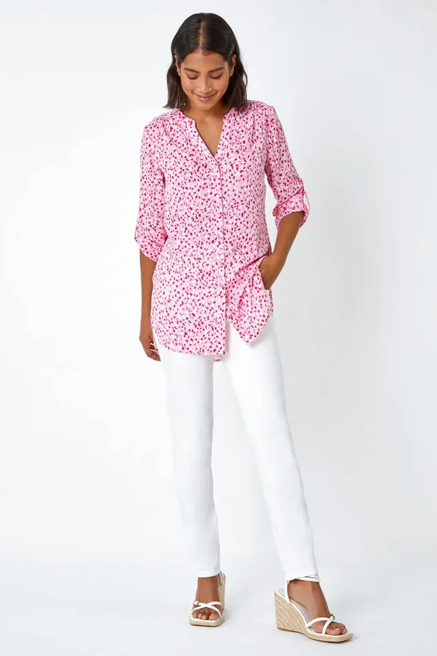 Pink Ditsy Print Button Up Blouse Women Roman Tops