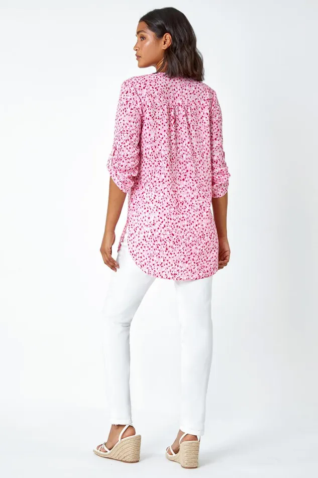 Pink Ditsy Print Button Up Blouse Women Roman Tops