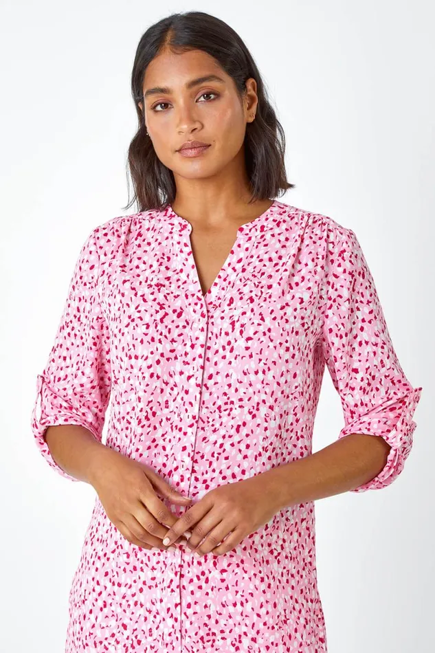 Pink Ditsy Print Button Up Blouse Women Roman Tops