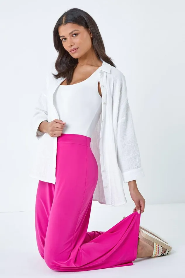 Pink Elastic Waist Wide Leg Stretch Trousers Women Roman Trousers