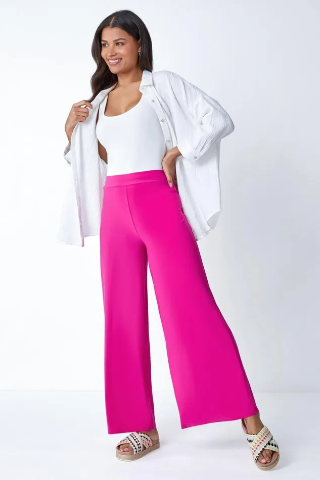 Pink Elastic Waist Wide Leg Stretch Trousers Women Roman Trousers