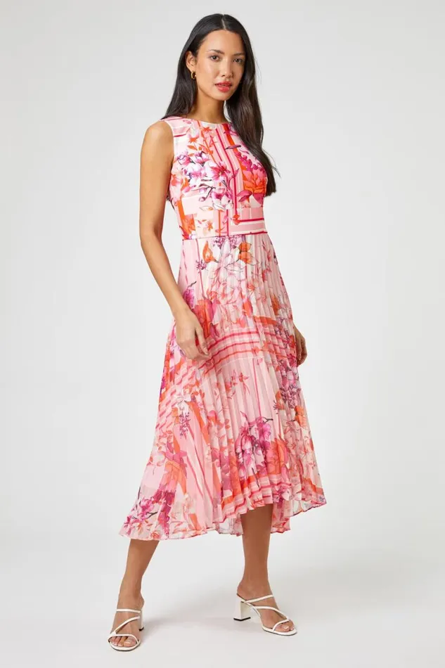 Pink Floral Print Fit And Flare Pleated Dress Women Roman Dresses