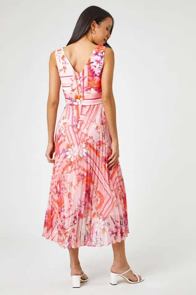 Pink Floral Print Fit And Flare Pleated Dress Women Roman Dresses
