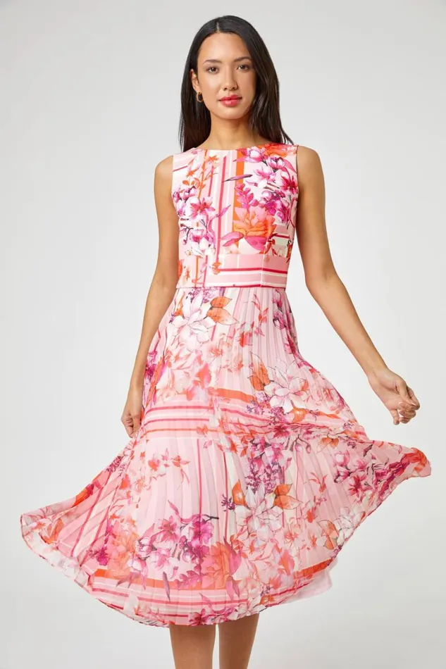 Pink Floral Print Fit And Flare Pleated Dress Women Roman Dresses