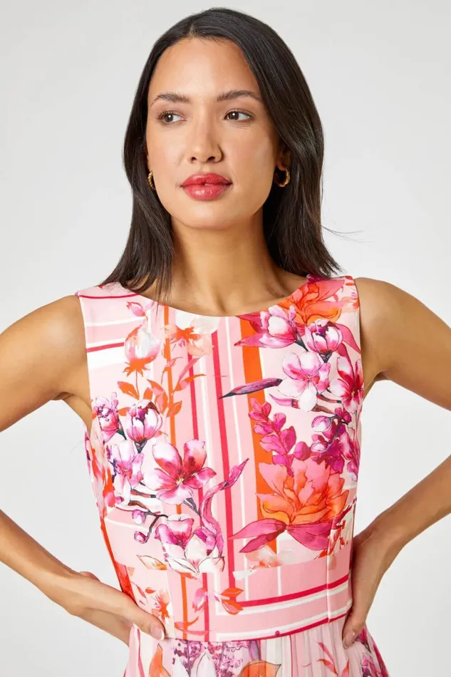 Pink Floral Print Fit And Flare Pleated Dress Women Roman Dresses