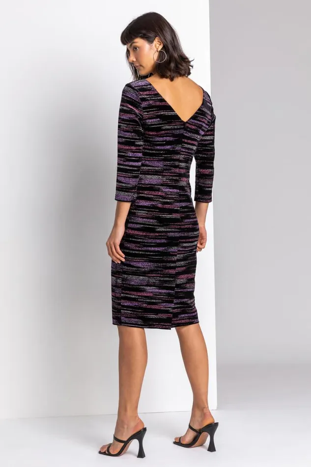 Pink Glitter Stripe Print Velvet Dress Women Roman Dresses